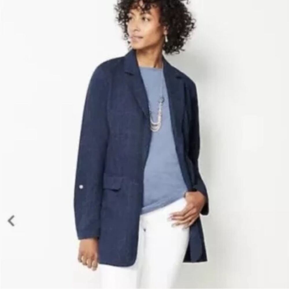 J Jill Blazer Womens Blue Open Front Roll Tab Sleeve Jacket LP Petite